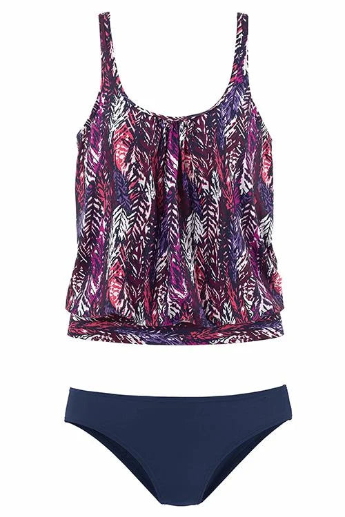 penacho | Ensemble de tankini avec motif de plumes qui couvre le ventre