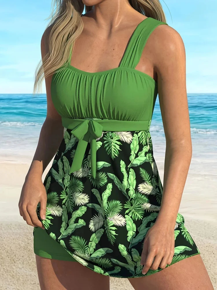 Enebro | Ensemble de tankini à feuilles tropicales qui couvre le ventre