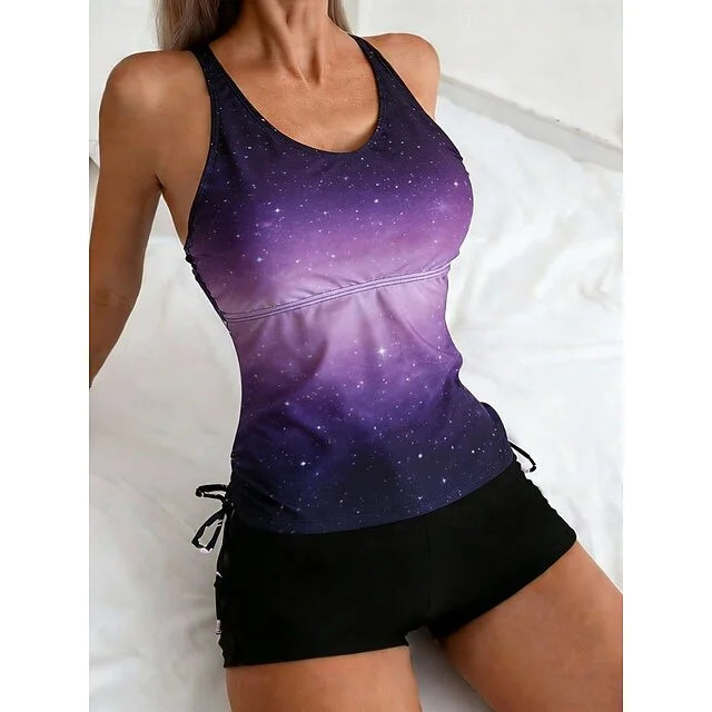 Celeste | Ensemble de tankini avec imprimé de galaxies qui couvre le ventre