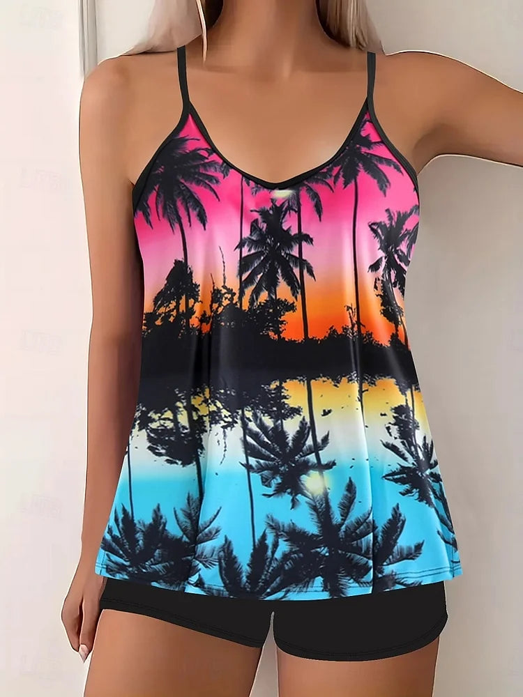La Havane | Ensemble de tankini avec imprimé tropical et shorts de bain