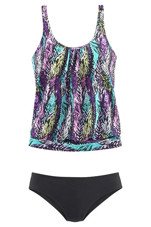 penacho | Ensemble de tankini avec motif de plumes qui couvre le ventre